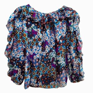 Kate Spade NY Pacific Petals Chiffon Blouse 100% Silk Top Blue Floral Ruffles XS